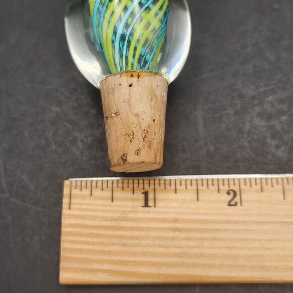 Vtg Blown Glass & Cork BOTTLE STOPPER Blue & Green Twisted Cane Ribbons - Picture 7 of 7